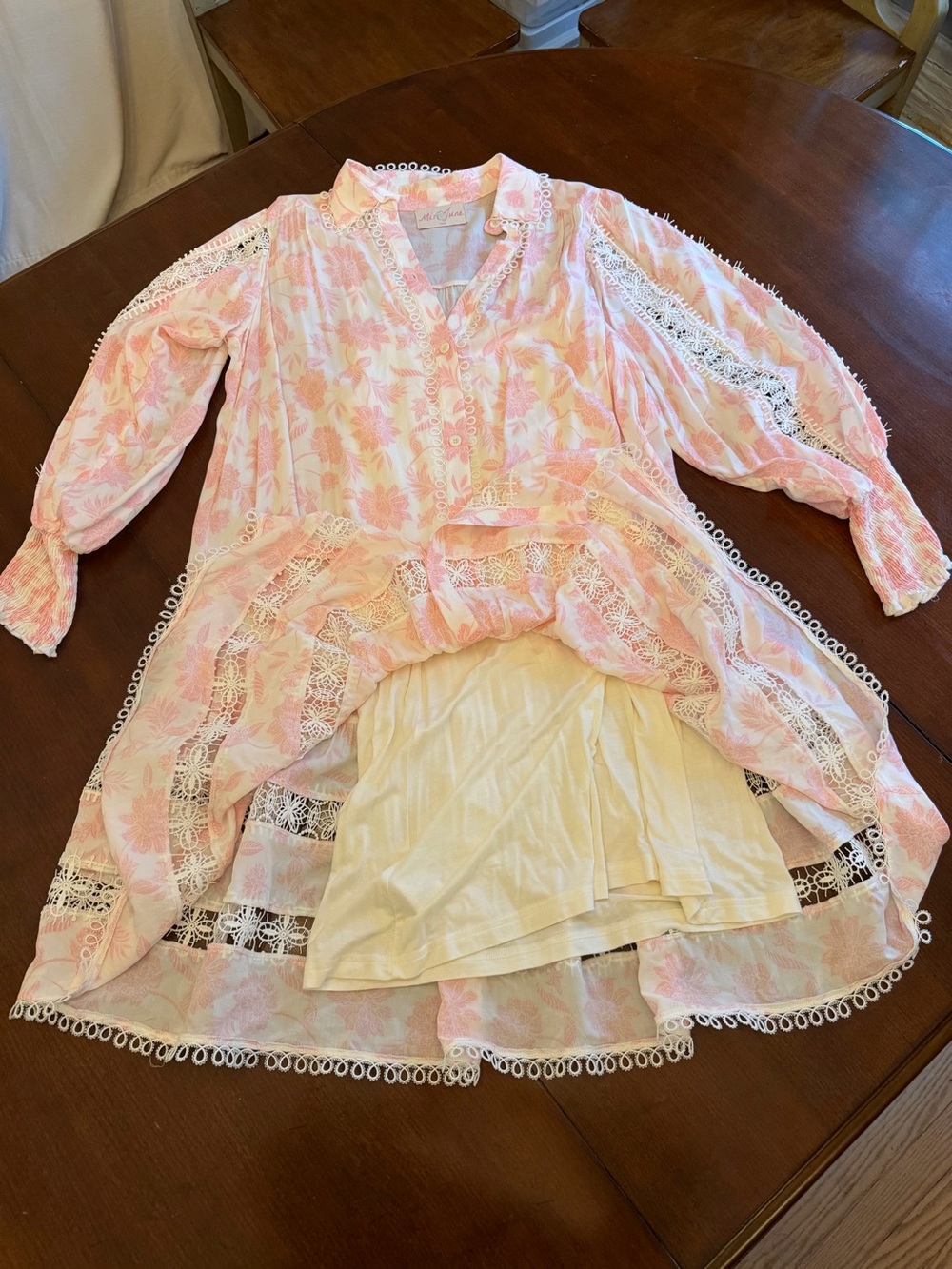 Miss June Paris Light Pink & White Floral Eyelet Long Sleeve Dress - Picture 3 of 6